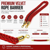 Premium Velvet Rope Barrier Queue Rope with Gold Hooks Red 150cm VIP Crowd Control Rope