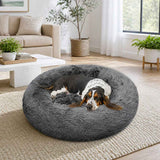 Dog Pet Cat Calming Bed Warm Plush Round Nest Comfy Sleeping Bed Dark Grey 90cm In Australia - Darrahopens