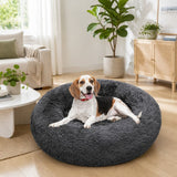 Dog Pet Cat Calming Bed Warm Plush Round Nest Comfy Sleeping Bed Dark Grey 90cm