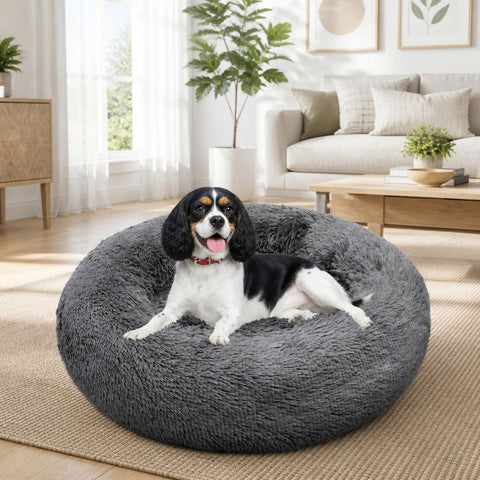 Dog Pet Cat Calming Bed Warm Plush Round Nest Comfy Sleeping Bed Dark Grey 70cm In Australia - Darrahopens