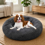 Dog Pet Cat Calming Bed Warm Plush Round Nest Comfy Sleeping Bed Dark Grey 70cm