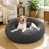 Dog Pet Cat Calming Bed Warm Plush Round Nest Comfy Sleeping Bed Dark Grey 70cm
