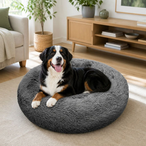 Dog Pet Cat Calming Bed Warm Plush Round Nest Comfy Sleeping Bed Dark Grey 100cm In Australia - Darrahopens