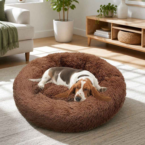 Pet Dog Bedding Warm Plush Round Comfortable Dog Nest Light Coffee Large 90cm In Australia - Darrahopens