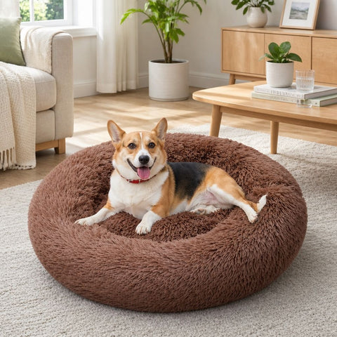 Pet Dog Bedding Warm Plush Round Comfortable Nest Sleeping kennel Coffee M 70cm In Australia - Darrahopens