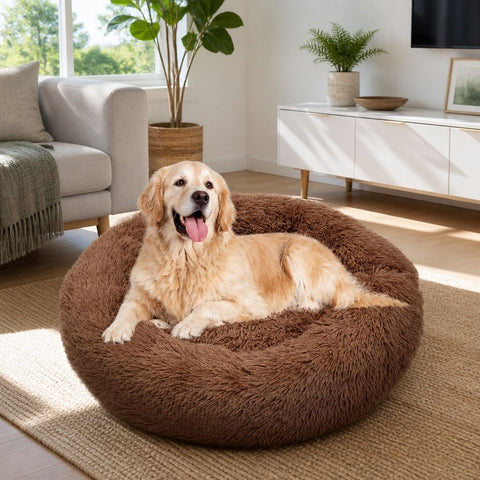 Pet Dog Bed Bedding Warm Plush Round Soft Dog Nest Light Coffee XL 100cm In Australia - Darrahopens