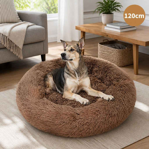 Pet Dog Bed Bedding Warm Plush Round Soft Dog Nest Light Coffee XXL 120cm In Australia - Darrahopens