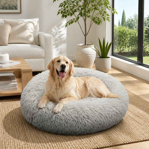 Pet Dog Bed Bedding Warm Plush Round Comfort Dog Nest Light Grey kennel XL 100cm In Australia - Darrahopens