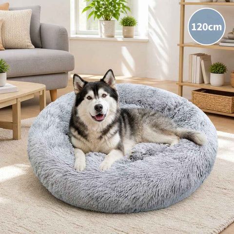 Dog Cat Pet Calming Bed Washable ZIPPER Cover Warm Soft Plush Round Sleeping 120cm In Australia - Darrahopens