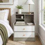 HYGGO Bedside Table Drawer Nightstand Light Gray Wood Grain White Fronts Curved Design In Australia - Darrahopens