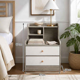 HYGGO Bedside Table Drawer Nightstand Light Gray Wood Grain White Fronts Curved Design In Australia - Darrahopens