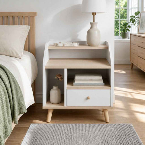 HYGGO Bedside Table Drawer Nightstand Wooden Legs Open Shelves Side Compartment White In Australia - Darrahopens