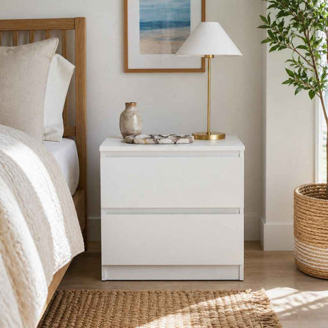 HYGGO Bedside Table Drawer Nightstand Warm White Double Drawer Finger Pull Modern In Australia - Darrahopens