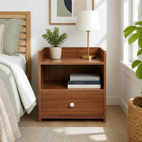 HYGGO Vintage Bedside Table Walnut Nightstand Drawer Open Shelf White Knob 48cm In Australia - Darrahopens