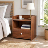 HYGGO Vintage Bedside Table Walnut Nightstand Drawer Open Shelf White Knob 48cm In Australia - Darrahopens