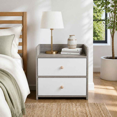 HYGGO Two-Tone Bedside Table Nightstand Light Gray White Drawers Wooden Knobs In Australia - Darrahopens