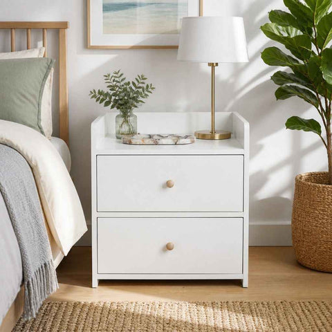 HYGGO White Minimalist Nightstand Double Drawer Bedside Table Wooden Handles Tray In Australia - Darrahopens