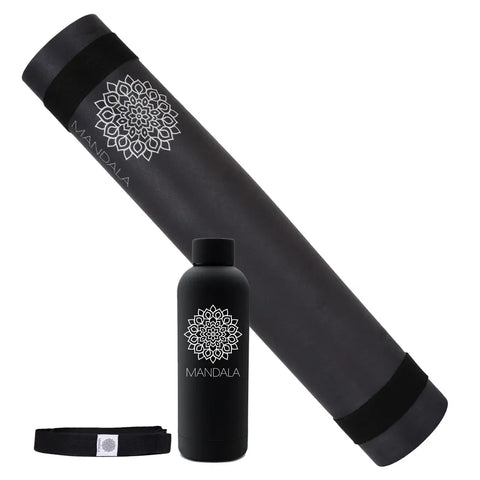 Mandala Yoga Mat Premium Bundle, Includes Yoga Mat 188cm H x 61cm W, Yoga Strap & Steel Hydration Bottle - Black