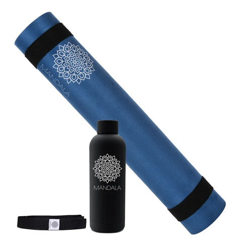 Mandala Yoga Mat Premium Bundle, Includes Yoga Mat 188cm H x 61cm W, Yoga Strap & Steel Hydration Bottle - Midnight Blue In Australia - Darrahopens