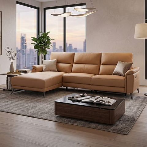 Top Grain Leather Electric Recliner Chaise Sofa with Storage