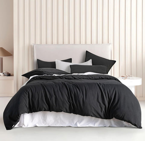 CleverPolly Vintage Washed Microfibre Quilt Cover Set (3Pcs) - Black - Double Size