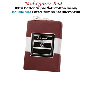 Revive Mahogany Red 100% Cotton Jersey Super Soft Fitted Sheet Combo Set Double 38cm Wall