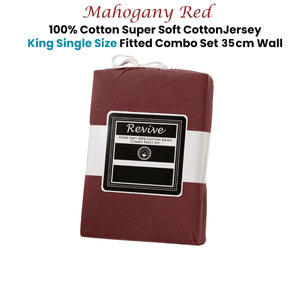 Revive Mahogany Red 100% Cotton Jersey Super Soft Fitted Sheet Combo Set King Single 35cm Wall