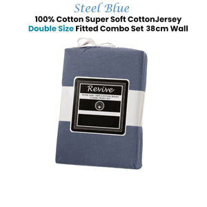 Revive Steel Blue 100% Cotton Jersey Super Soft Fitted Sheet Combo Set Double 38cm Wall