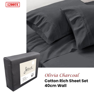 Jane Barrington 1200TC Olivia Cotton Rich Sheet Set 40cm Wall Charcoal Queen