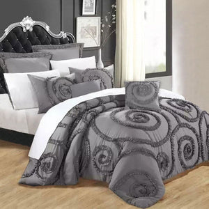 Ramesses Floral Ruffled Charcoal 7 Pcs Deluxe Comforter Set King