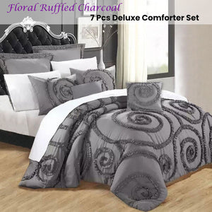 Ramesses Floral Ruffled Charcoal 7 Pcs Deluxe Comforter Set Queen