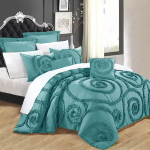 Ramesses Floral Ruffled Teal 7 Pcs Deluxe Comforter Set King
