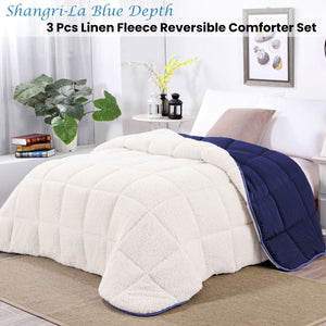 Shangri La Blue Depth Sherpa Fleece Reversible 3 Pcs Comforter Set Queen