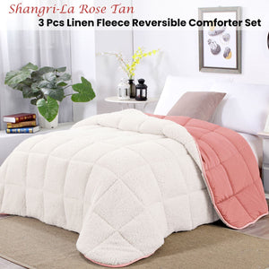 Shangri La Rose Tan Sherpa Fleece Reversible 3 Pcs Comforter Set Double