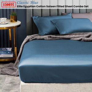 Ramesses 1500TC Elite Egyptian Cotton Sateen Fitted Sheet Combo Set Classic Blue Double
