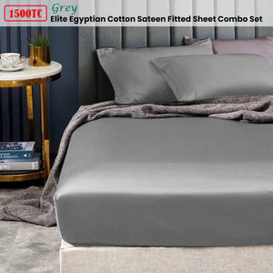 Ramesses 1500TC Elite Egyptian Cotton Sateen Fitted Sheet Combo Set Grey Mega Queen