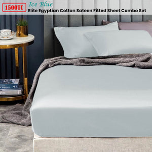 Ramesses 1500TC Elite Egyptian Cotton Sateen Fitted Sheet Combo Set Ice Blue Mega Queen