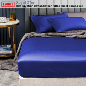 Ramesses 1500TC Elite Egyptian Cotton Sateen Fitted Sheet Combo Set Royal Blue Queen
