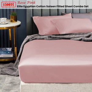 Ramesses 1500TC Elite Egyptian Cotton Sateen Fitted Sheet Combo Set Rose Pink Mega Queen