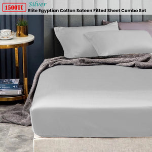 Ramesses 1500TC Elite Egyptian Cotton Sateen Fitted Sheet Combo Set Silver Double