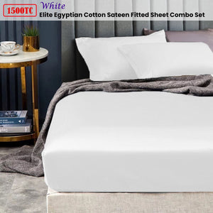 Ramesses 1500TC Elite Egyptian Cotton Sateen Fitted Sheet Combo Set White Queen