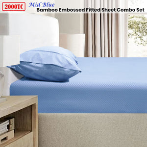 Ramesses 2000TC Bamboo Embossed Fitted Sheet Combo Set Mid Blue Double