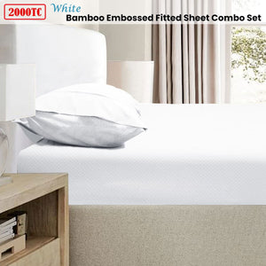 Ramesses 2000TC Bamboo Embossed Fitted Sheet Combo Set White King Single