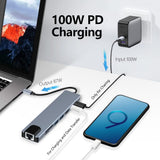 8in1 Hub USB-C To Type-C USB 3.0 4K HDMI RJ45 Ethernet SD TF OTG PD Port Adapter