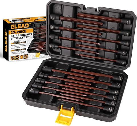 ELEAD Extra-Long Allen Hex Bit Socket Set: 20-Piece 3/8 Inch Drive, S2 Steel, Standard SAE & Metric (1/8-Inch - 7/16-Inch, 3-12mm) for Impact Drills and Ratchet Wrenches