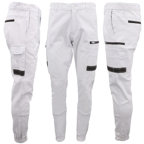 Men's Cargo Cotton Drill Work Pants UPF 50+ 13 Pockets Tradies Workwear Trousers, White, 32