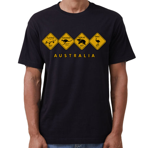 Adult Unisex 100% Cotton T Shirt Australia Wildlife Road Sign Souvenir Tee Tops, Black, L