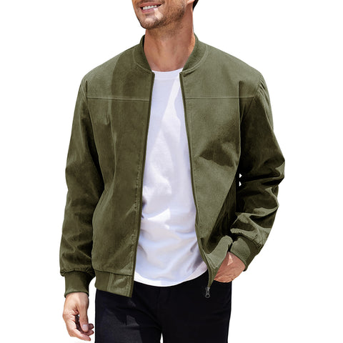 Men's Varsity Bomber Flight Jacket Breathable Windbreaker Zip Coat Faux Leather, Green, 2XL