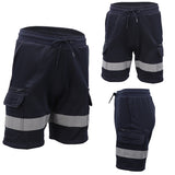 Hi Vis Fleece Work Cargo Shorts w Reflective Tape Workwear Tradie Utility Pants, Navy, 3XL