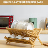 Bamboo Dish Drying Rack 2 Tier Foldable Sink Organiser 45 x 26cm Countertop